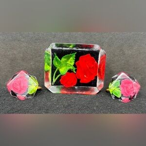 Vintage Lucite Rose Pin Brooch with Matching Screw Back Earrings